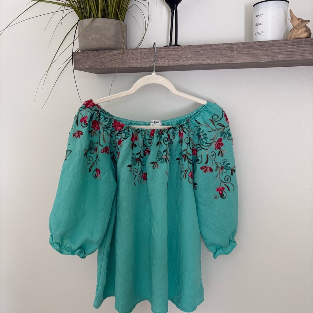 Plus 2x Embroidered Teal on or Off-Shoulder Blouse with Puff Sleeves